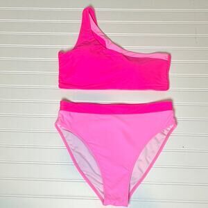 Women Pink Colorblock Bikini Set One Shoulder Cutout 2 Piece L